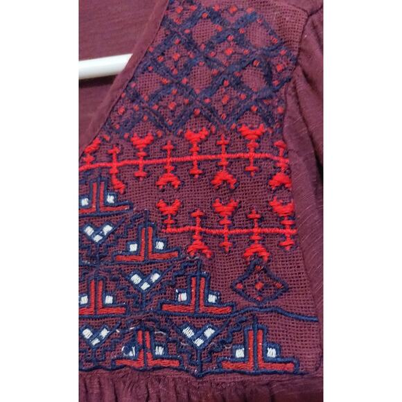 Lucky Brand Peasant Top Shirt BOHO Embroidery SIZE M Medium BURGUNDY Bohemian - Picture 5 of 12